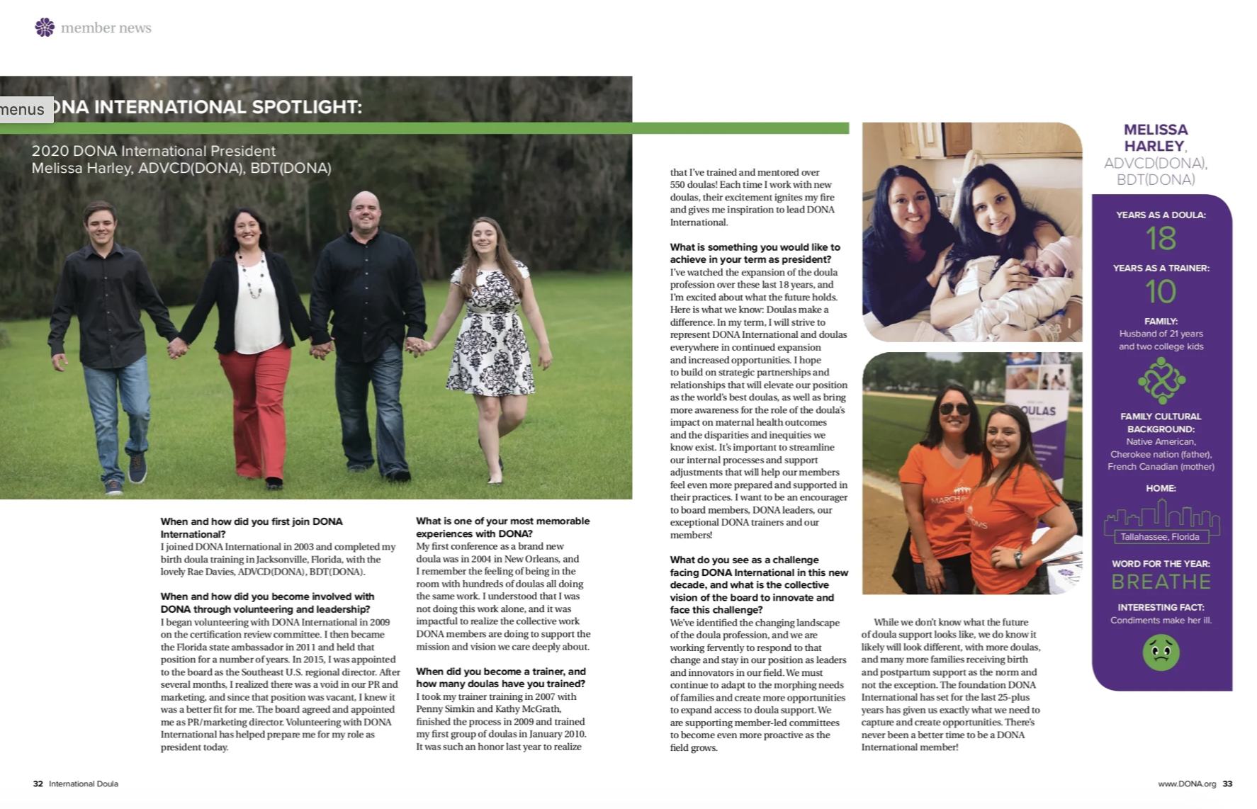Meet your 2020 president feature on Melissa in The International Doula