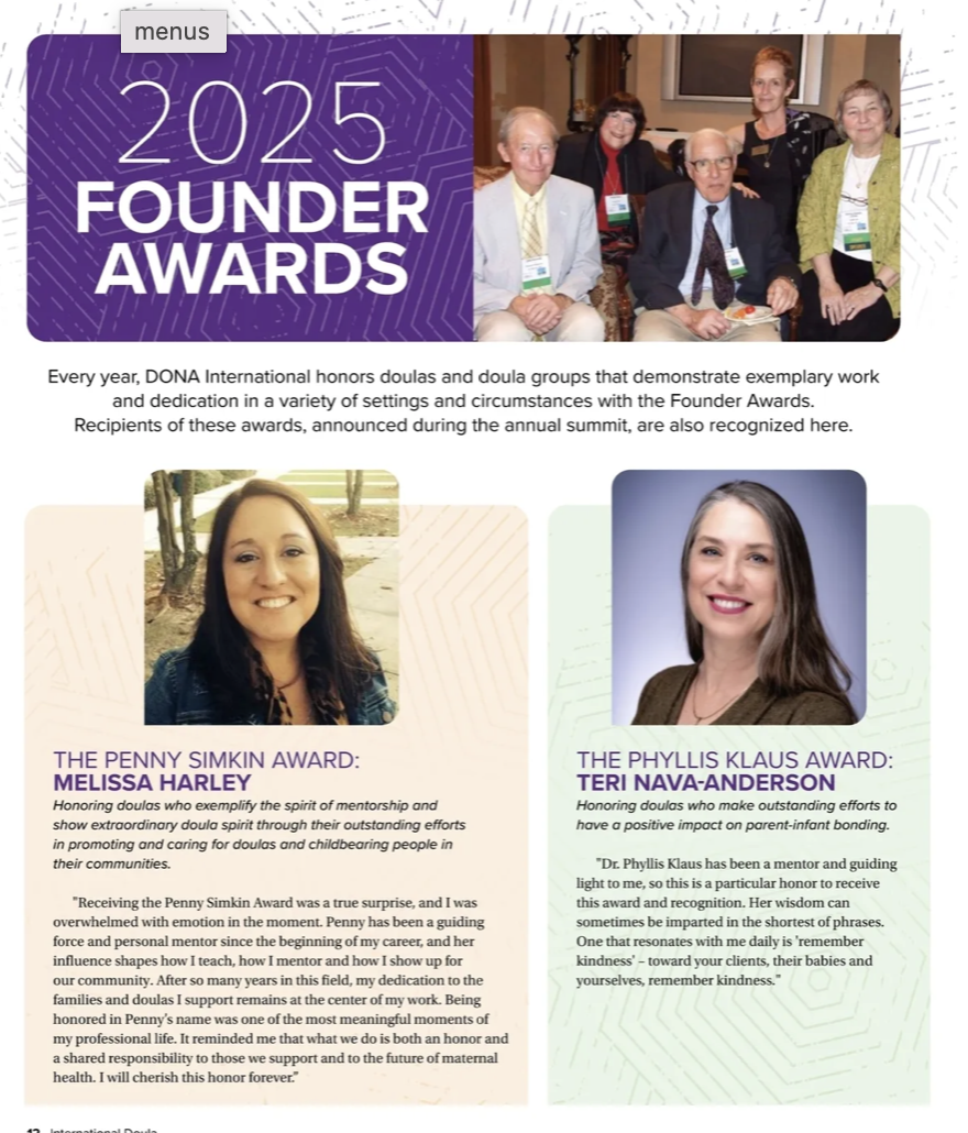 Article marking Melissa's Penny Simkin Founders Award